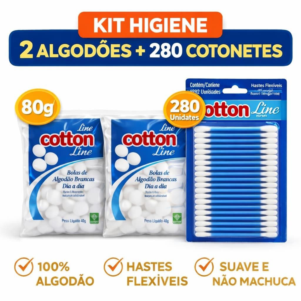 Cotonete e Algodão Kit 2 Algodão 40g + Cotonetes 280 Un Cotton Macio Multiuso Envio Imediato