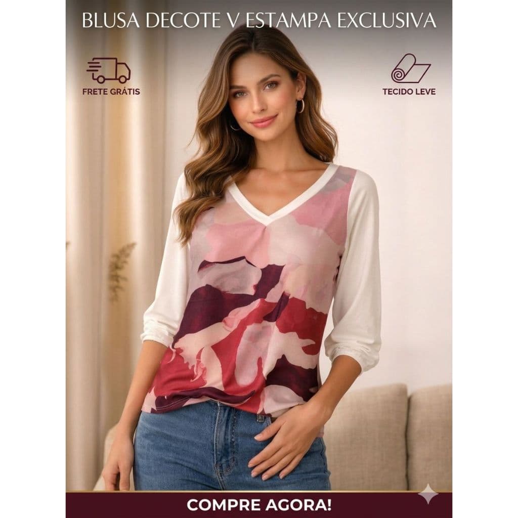 Blusa Feminina Manga 3/4 Estampa Floral Decote V Rose Elegante Casual Social Blusinha Tecido Leve