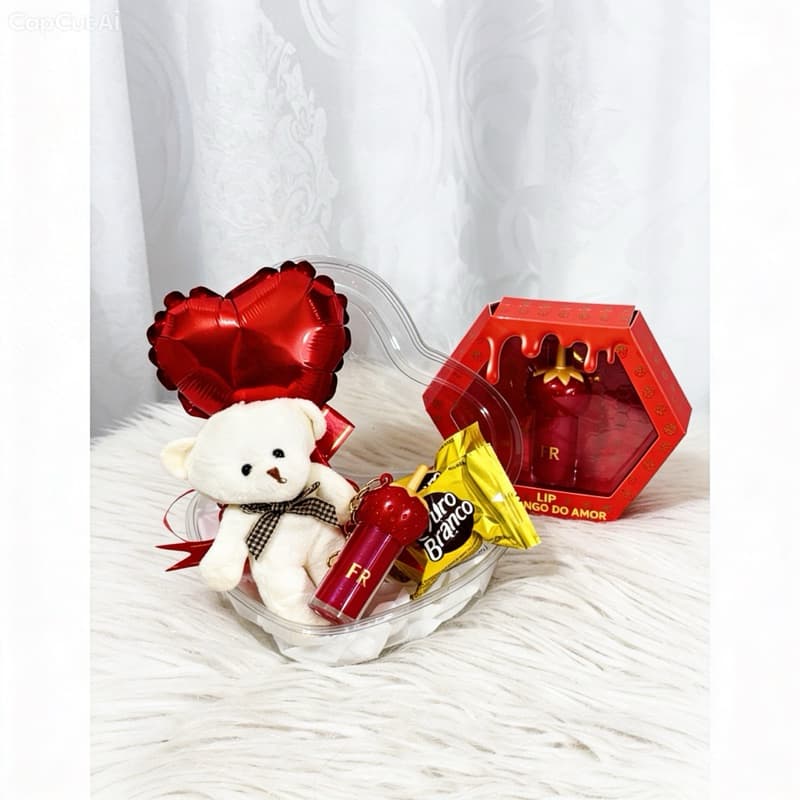 Cesta Presente Dia dos namorados  / Dia dos Namorados 💖 Kit Fofo com Ursinho + Chocolates + Gloss Morango