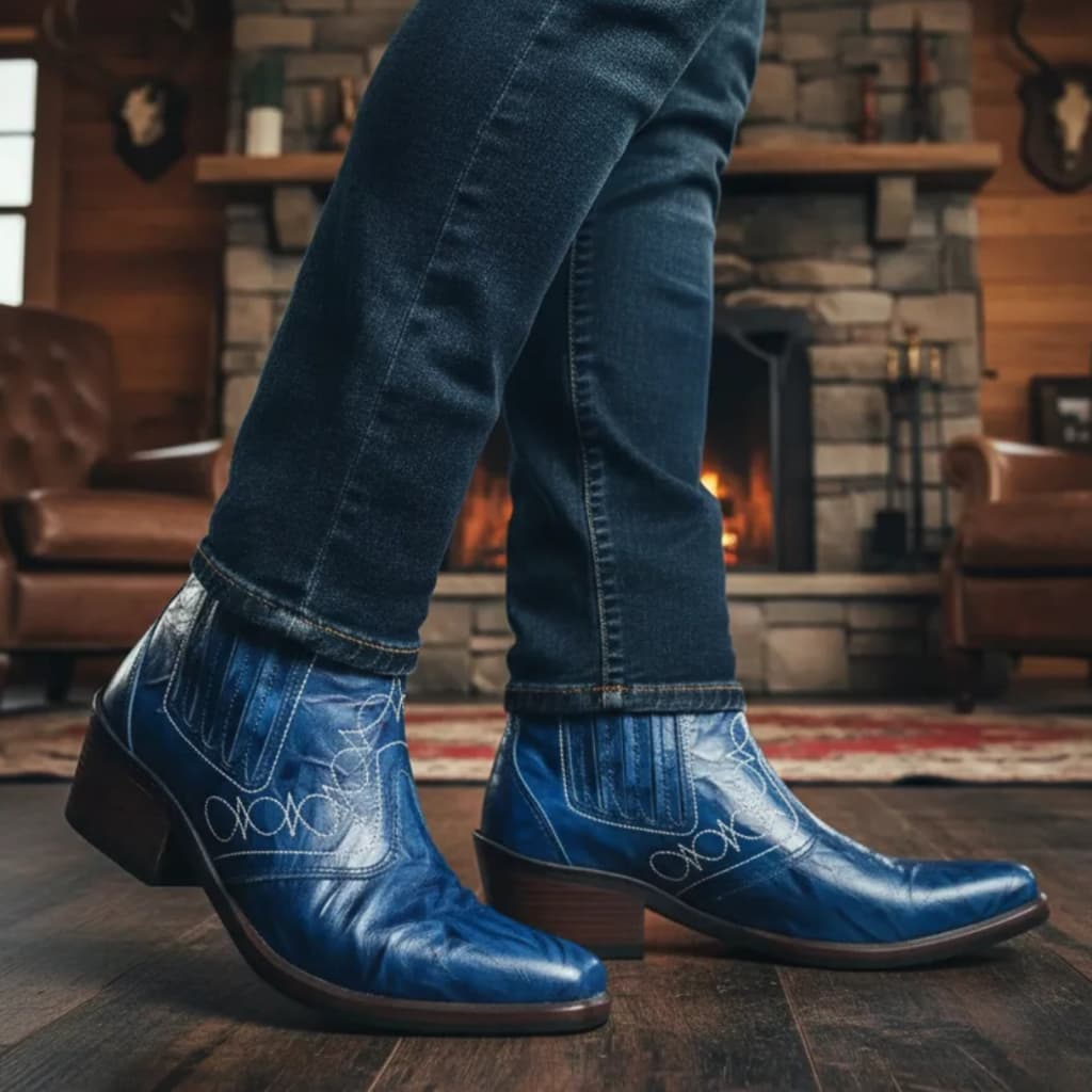 Bota Masculina Feminina Unissex Calça Homem e Mulher Botina Couro Legitimo Cor Azul Marinho 3736 Top