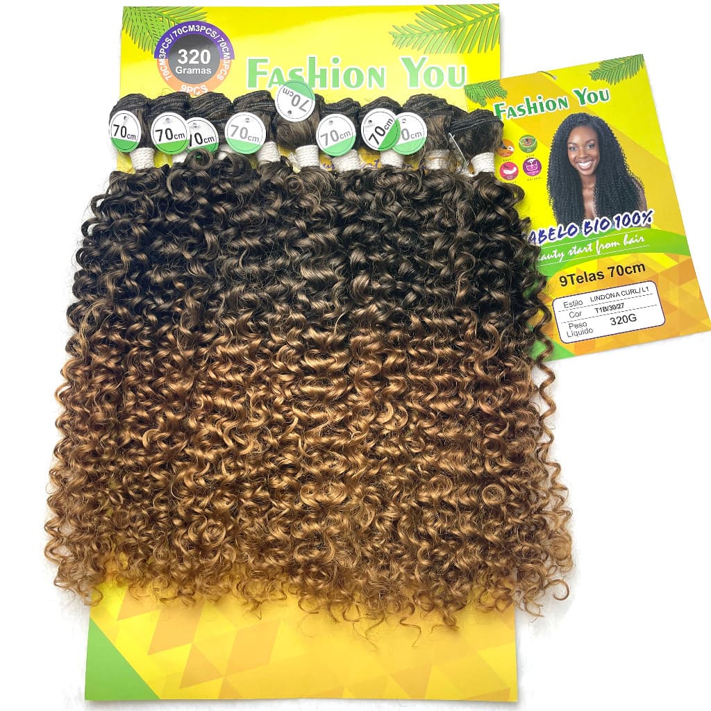 Cabelo Orgânico Cacheado Fechado 35cm estica 60cm Curto Bio Fibra sem brilho 320g 9 Telas Lindona