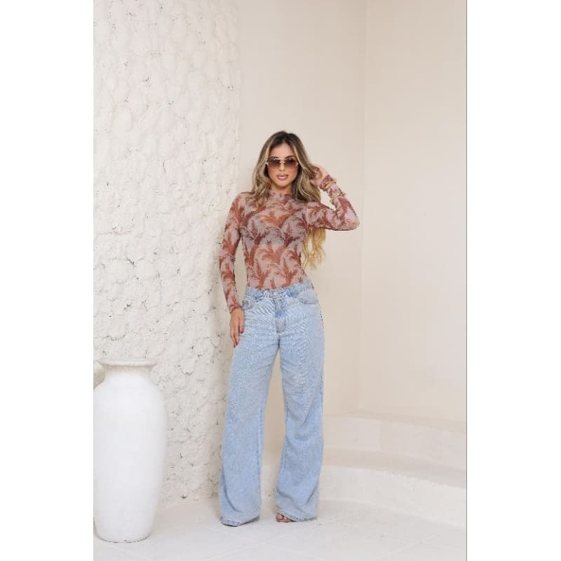 Body Feminino Tule Transparente, Body Tule Manga Longa Gola Alta Estampado