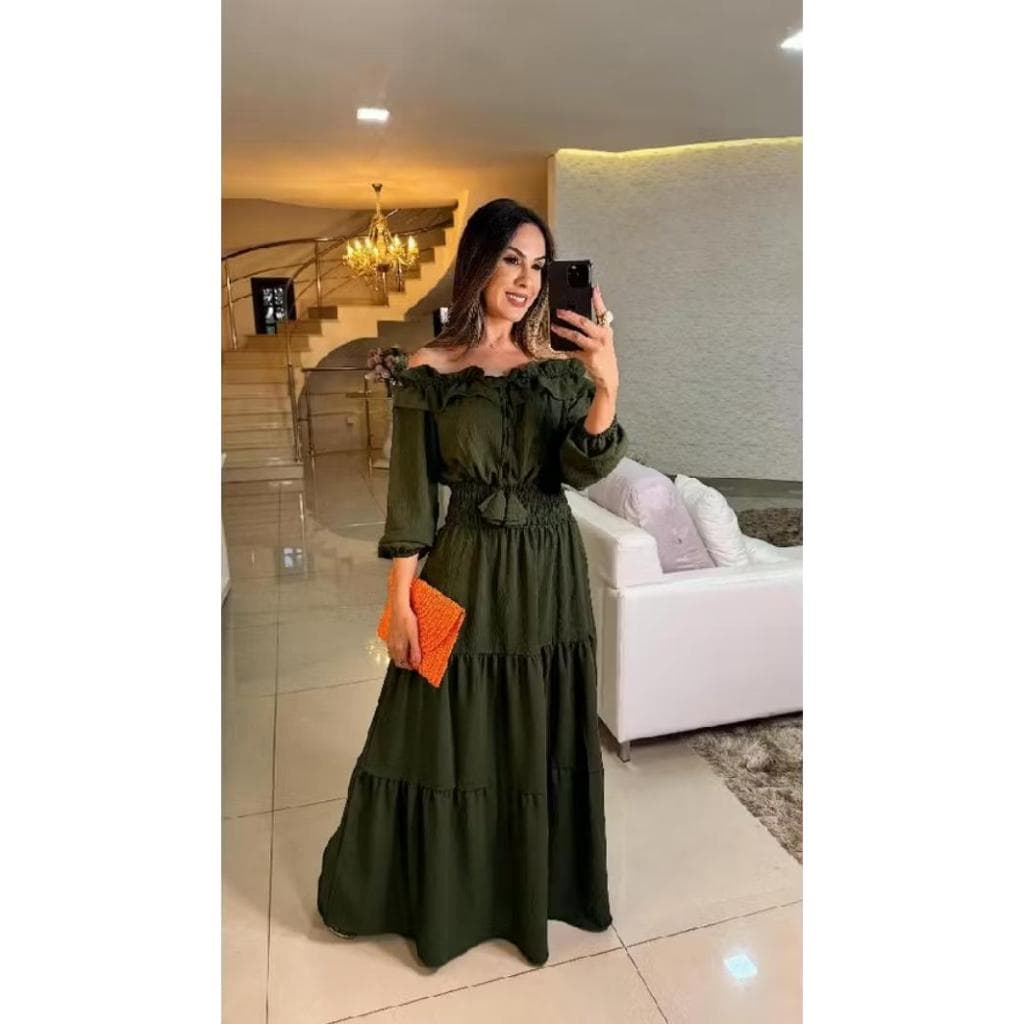 vestido Feminino CIGANA, Decote ombro a ombro manga longa em tejido duna nao amassa,leva forro