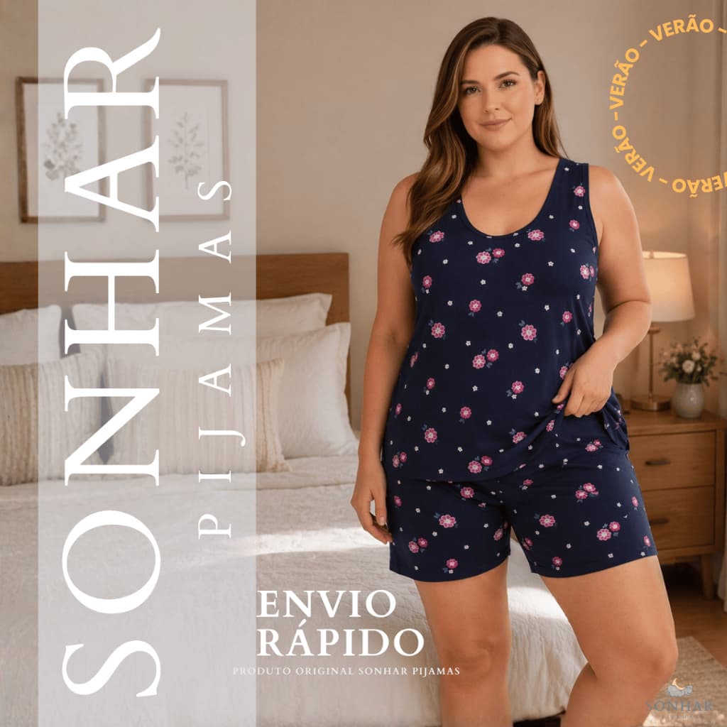 Pijama Feminino Regata com bermuda meia coxa de liganete estampada