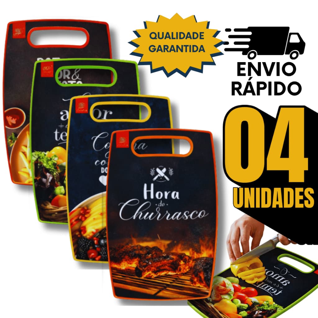 Conjunto Tabuas De Corte Plástica Legumes Carne Estampada Cozinha Multiuso 23x37 Utensílios