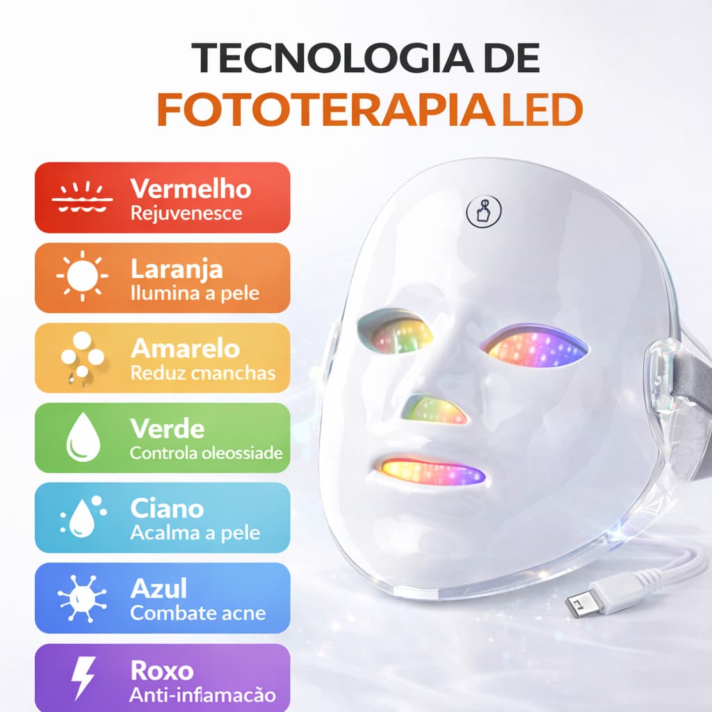 Máscara Facial LED 7 Cores Fototerapia Rejuvenescimento Acne Clareamento Recarregável USB