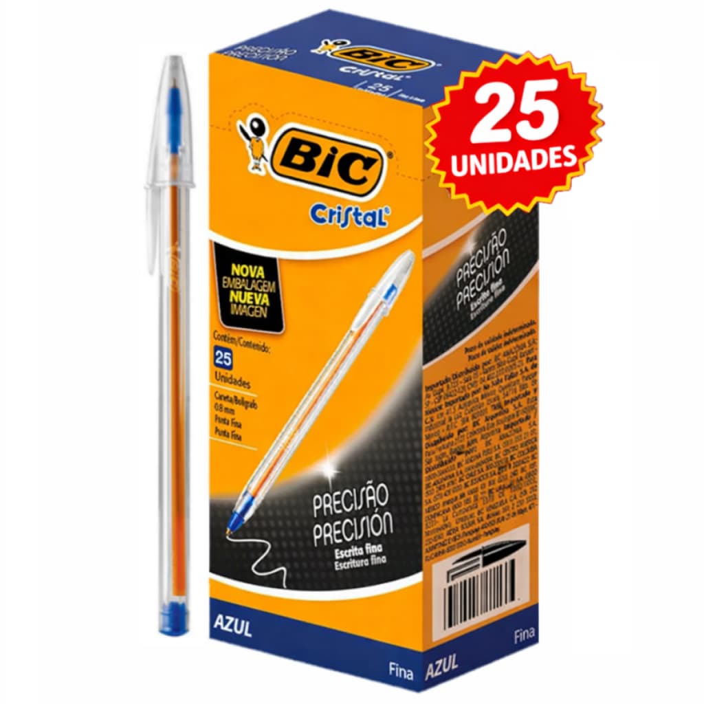 Caneta Bic Ponta Fina 0.8 Esferográfica Cristal Caixa 25 Unidades Ponta Fina Para Prova Leve Pra Escrever Original