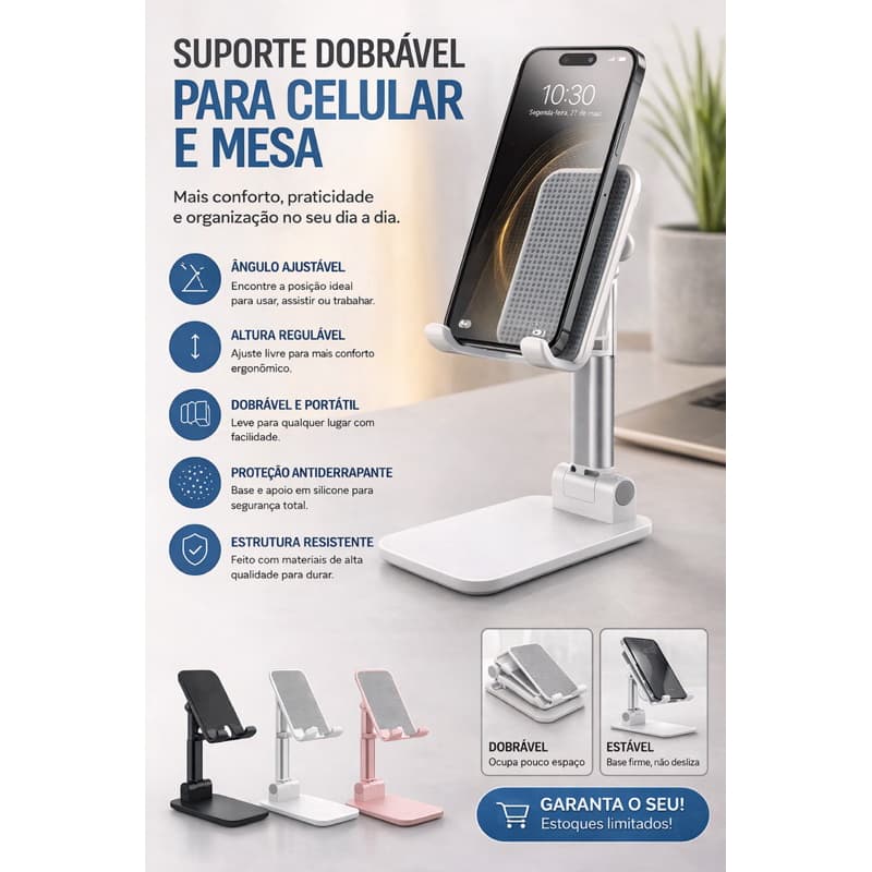 Suporte para Celular Tablet Dobrável com Tripé Portátil e Antiderrapante