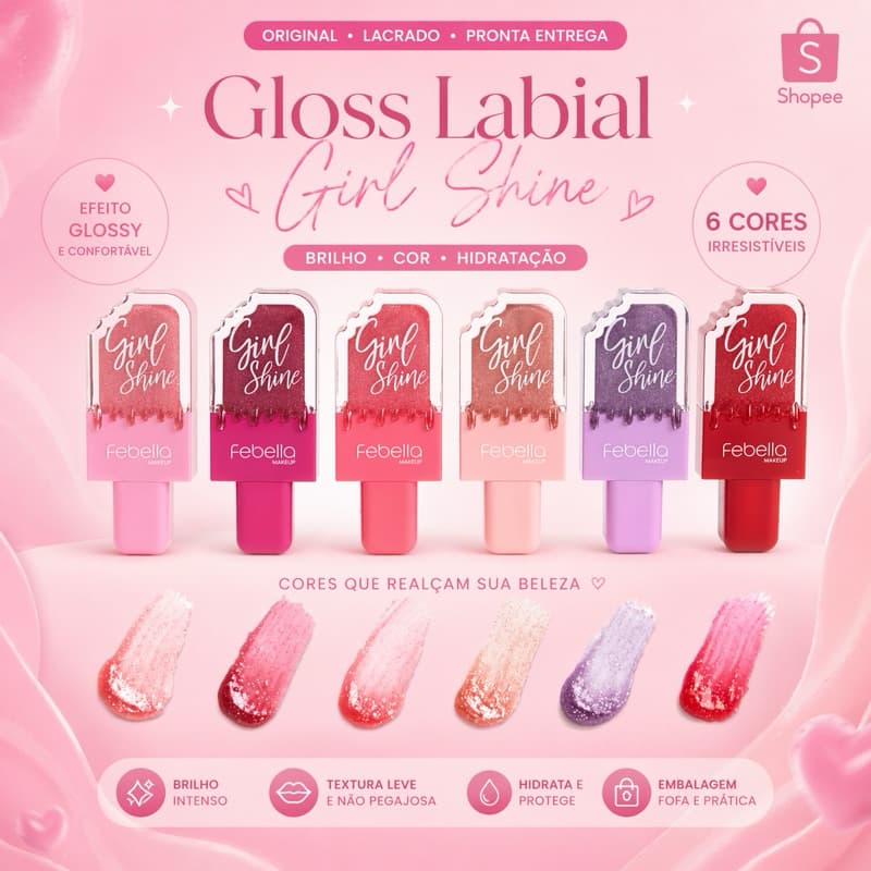 Gloss Labial Febella Girl Shine 💖 Brilho Intenso ✨ Hidratante | 6 Cores | R12