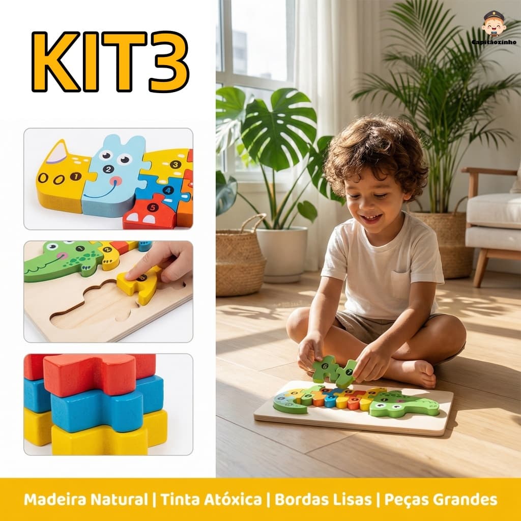 Quebra-Cabeça de Dino 3D em Madeira - Brinquedo Educativo Montessori para Bebês e Crianças Pequenas