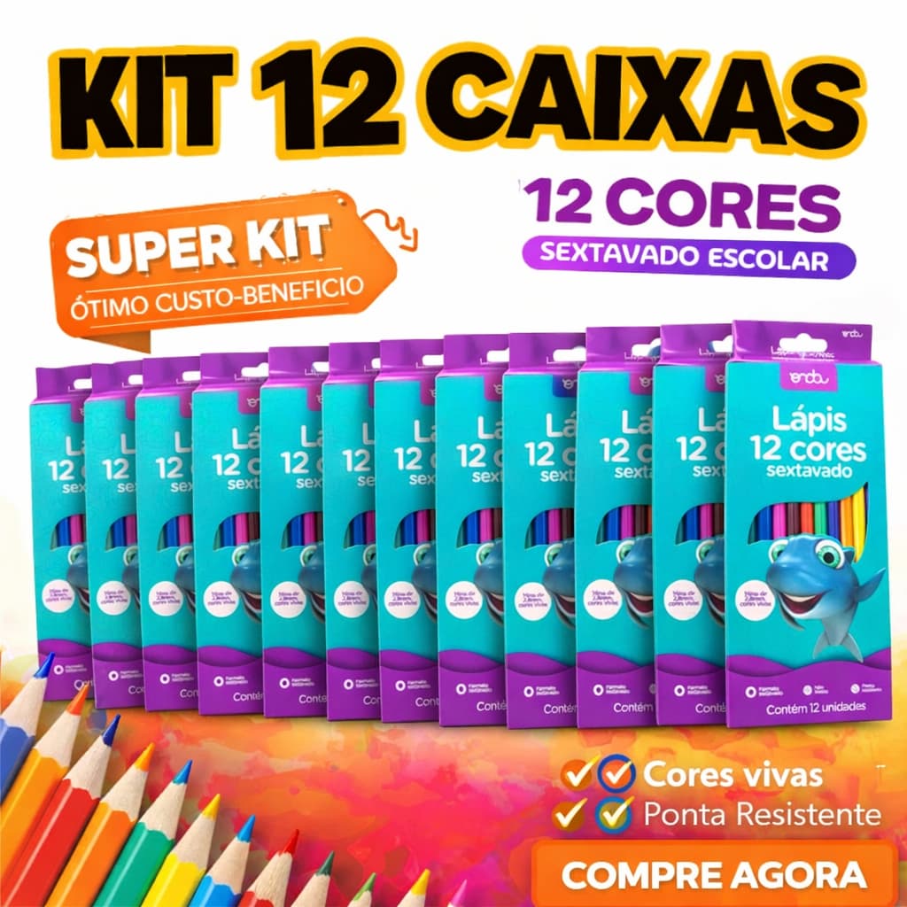 Kit c/ 12 caixas Lapis de Cor 12 cores Escolar Sextavado Grande Macio Resistente Lembrancinha Prenda