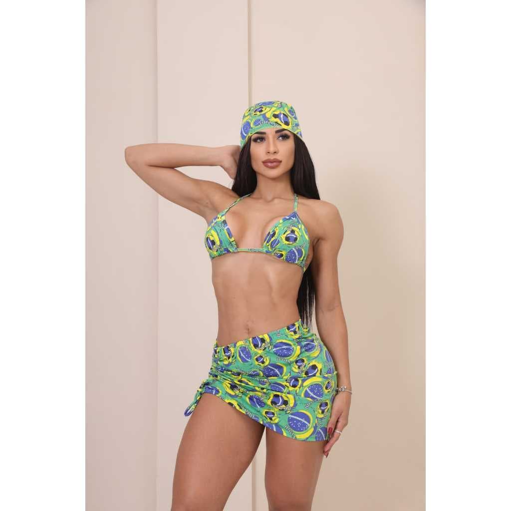 Kit Biquíni Feminino Cortininha Com Saída de Praia Trikini com Regulagem Fita Marquinha Estampa Brasil Tendência