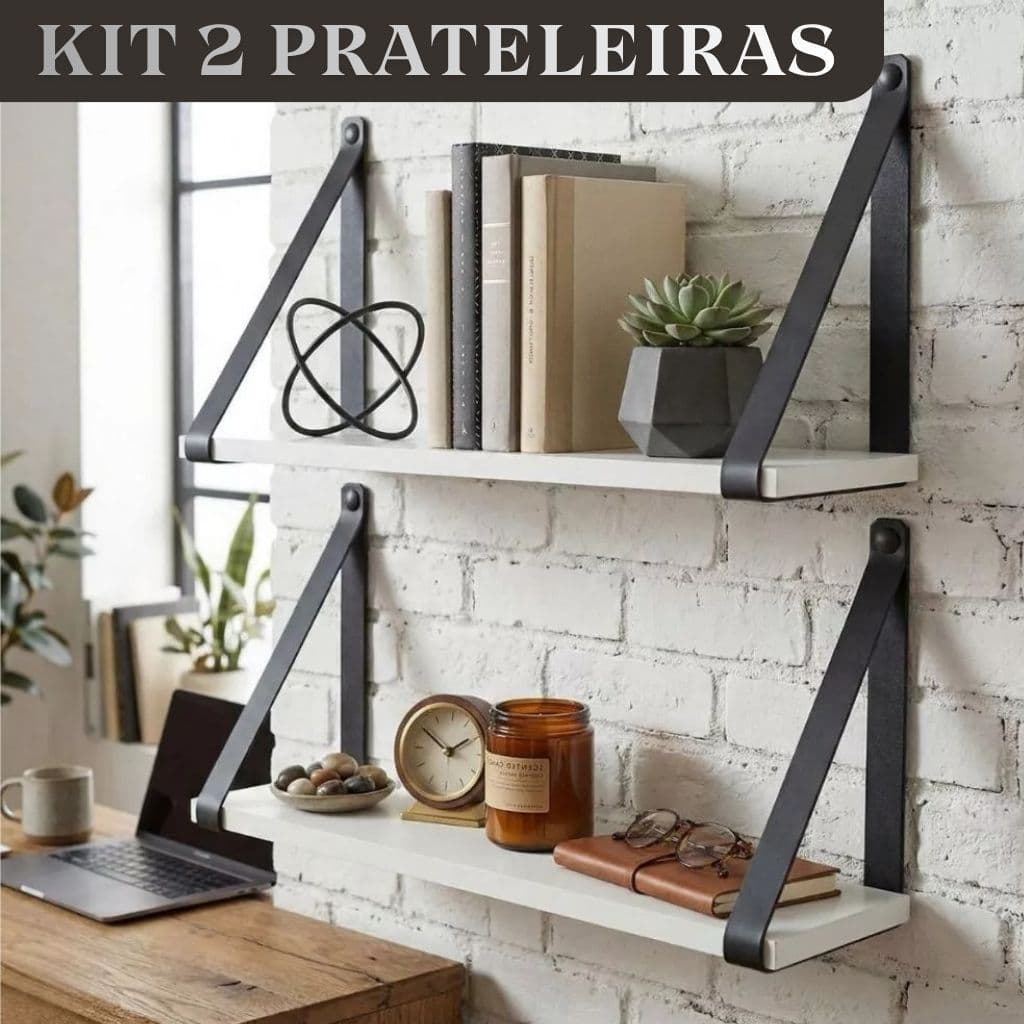 Kit com 2 Prateleiras Branca 15x45cm Alça de Couro Ecológico Preto Design Moderno Resistente