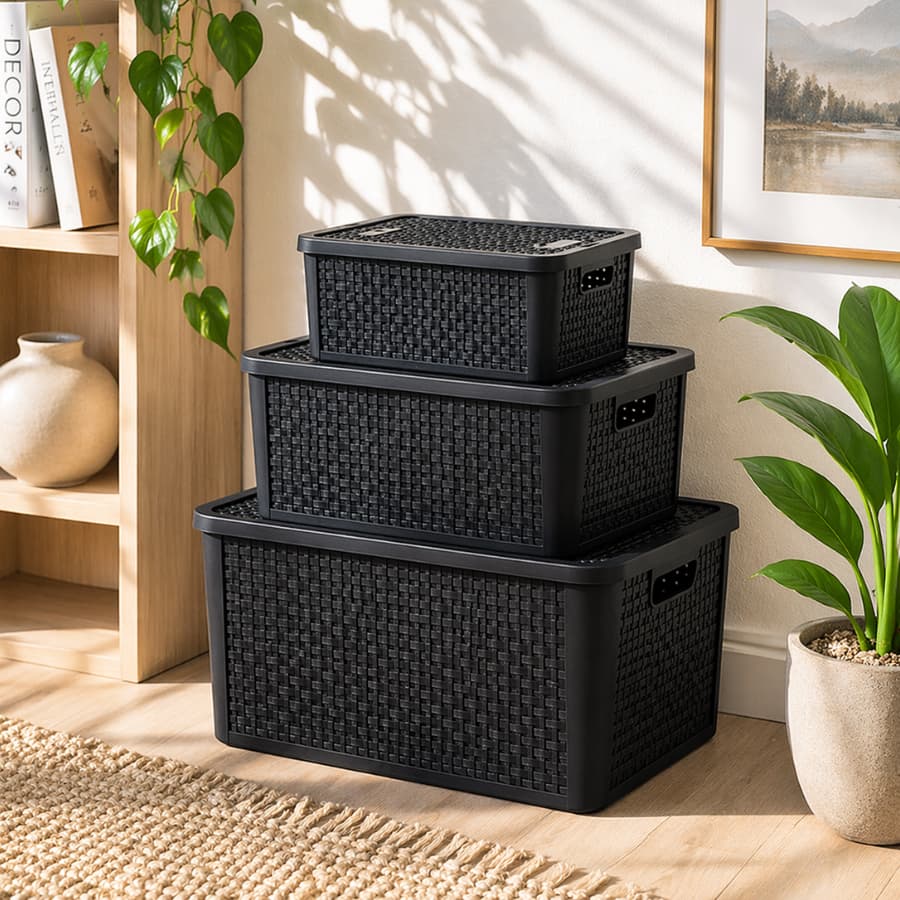 Kit 3 unidades caixa organizadores rattan com tampa