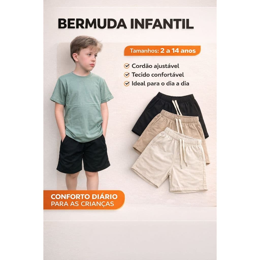 Bermuda Infantil Linho Menino Casual Short Premium Masculino 2 -14 anos 2 Short=3%  3 Short=5% 5 Short=15%