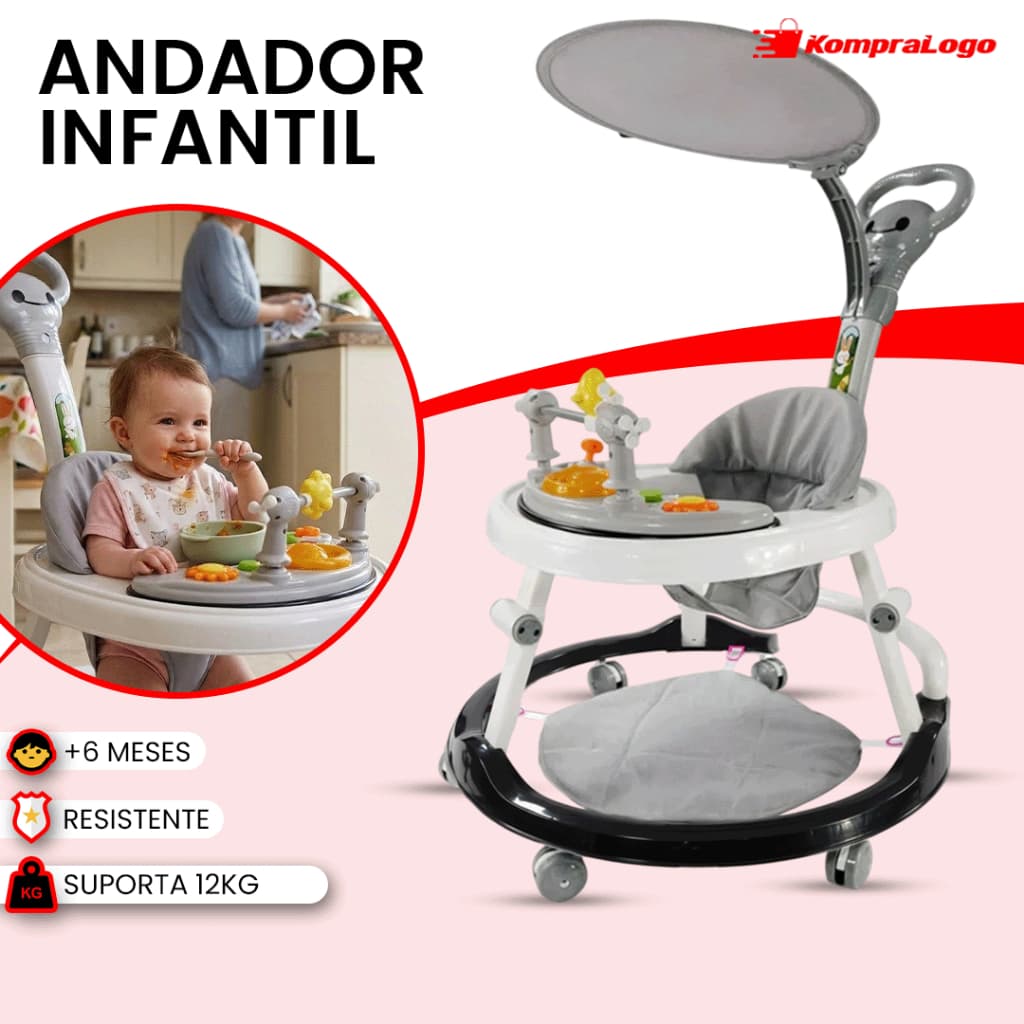 Andador Infantil Musical Menino Menina Premium Cinza