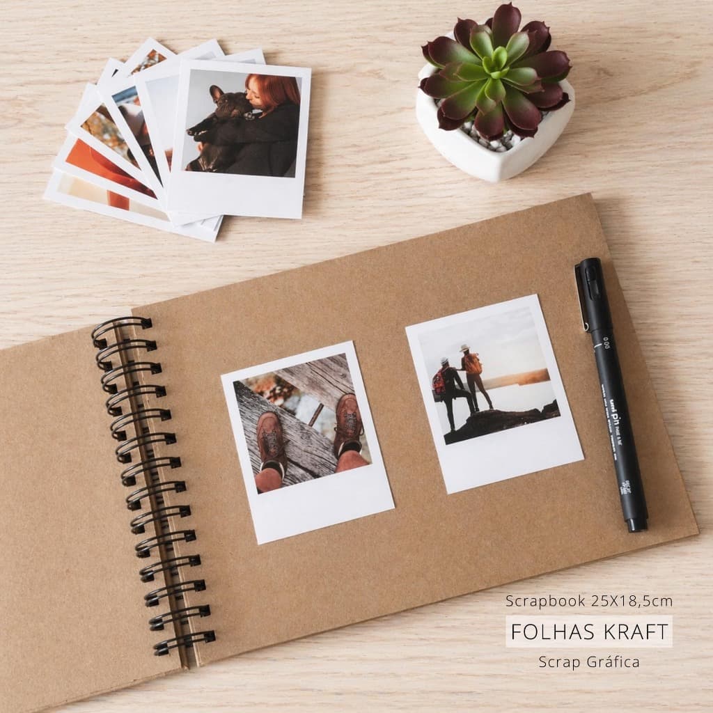 Caderno para Colagem de Fotos e Scrapbook 25x18,5cm Capa Dura e Folhas Kraft