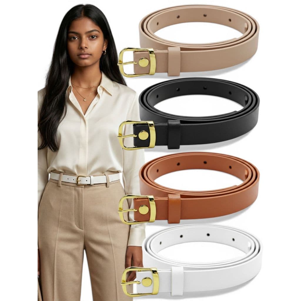Cinto Feminino Elegante Fino 2cm Da Moda Fivela Dourada Básica Couro Sintético Ajustável - Flor