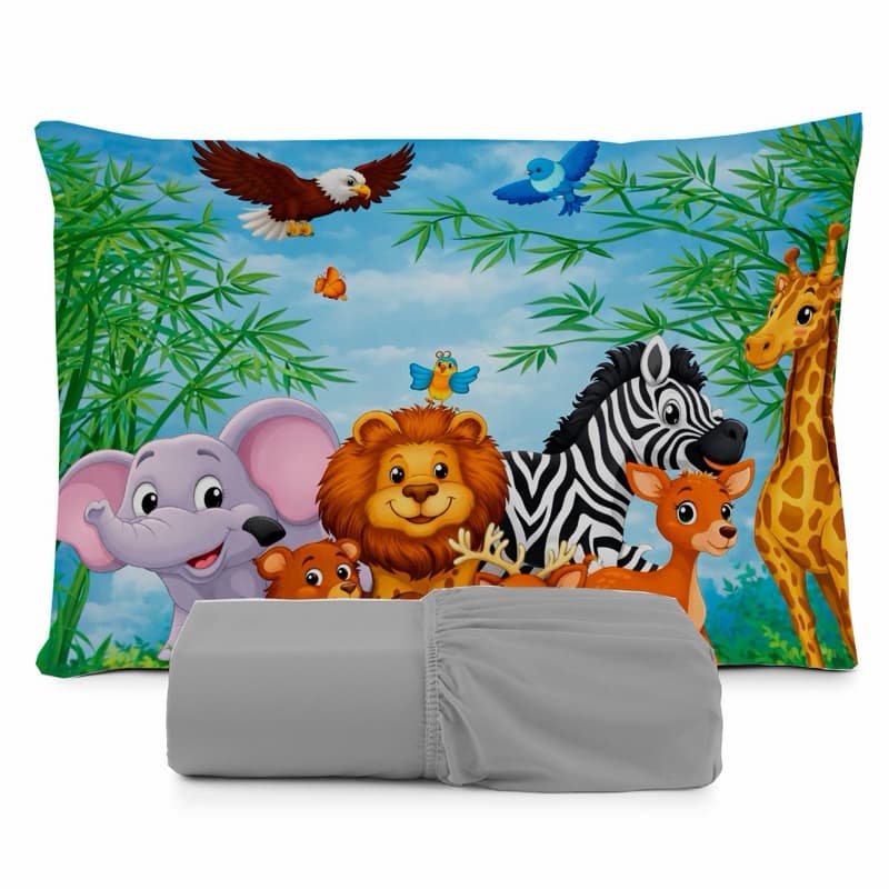 JOGO DE LENÇOL SOLTEIRO ZOOLOGICO ZEBRA LEAO ELEFANTE FRONHA TRAVESSEIRO, LENÇOL DE ELASTICO