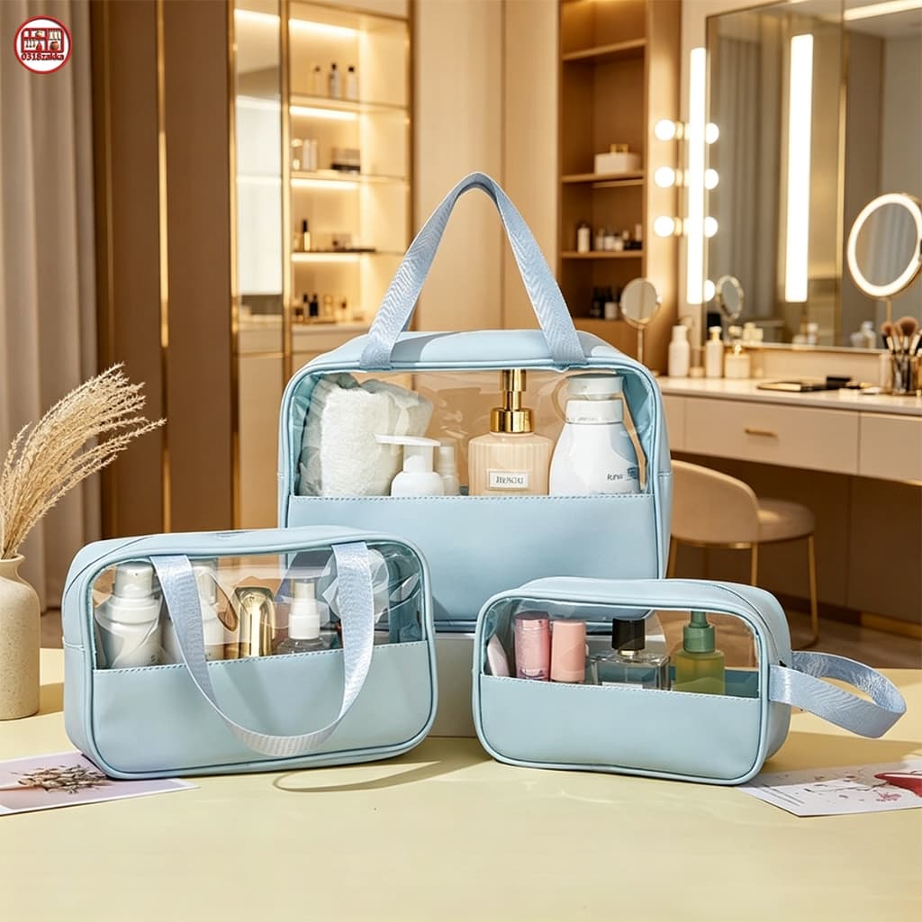 ✈️ Kit 3 Necessaires Impermeáveis 👝 Transparentes para Maquiagem e Viagem -Q3