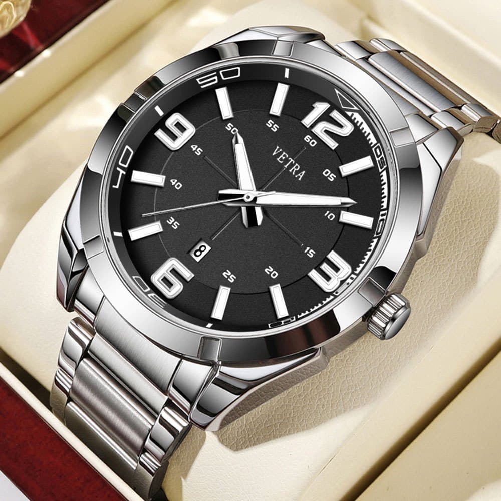 Relógio Masculino Original VETRA a Prova d Água Presente para Homem Aço Inoxidável Preto Azul B390