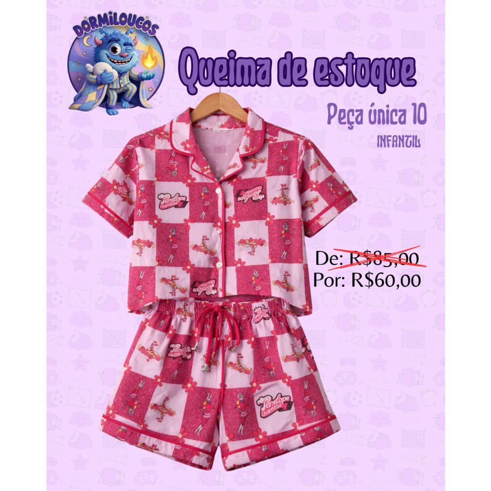 Pijama Infantil Feminino Rosa Estampado Curto Super Fofo  Penélope charmosa Promoção