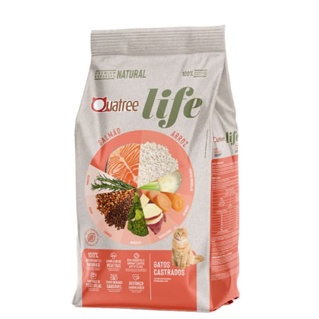 Ração Quatree Life Gatos Castrados Salmão e Arroz 3kg Premium Natural Adultos