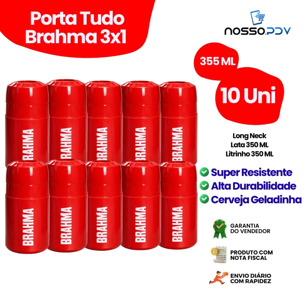Kit 10 Porta Tudo 3x1 Para Cerveja Long Neck Litrinho Lata 355 ML Brahma Cor Vermelho Parede Dupla Alta Qualidade
