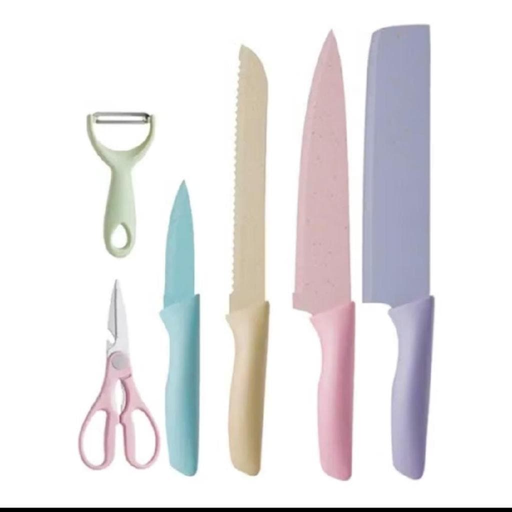 KIT FACAS DE COZINHA COLORIDAS 6 PEÇAS + TESOURA E DESCASCADOR ANTIADERENTE INOX MULTIUSO