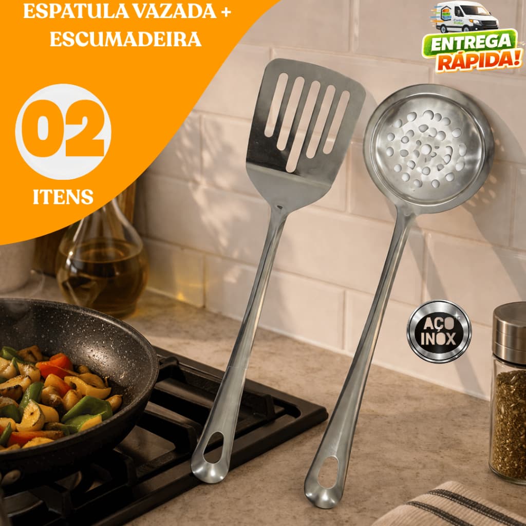 Kit Espátula Vazada + Escumadeira Inox 02 Peças | Utensílios Cozinha Restaurante Buffet