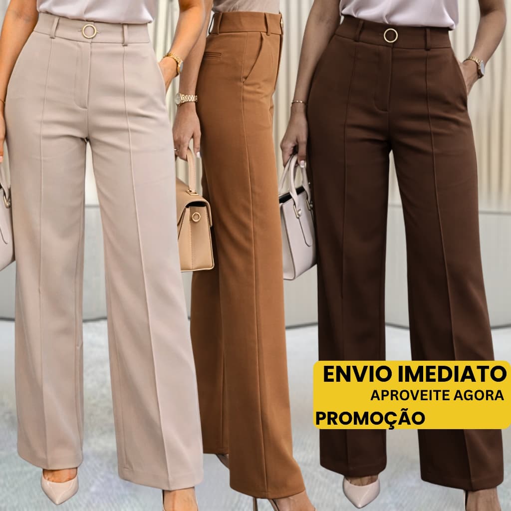 Calça Pantalona Feminina Alfaiataria Cintura Alta com Bolso Social Elegante M G GG