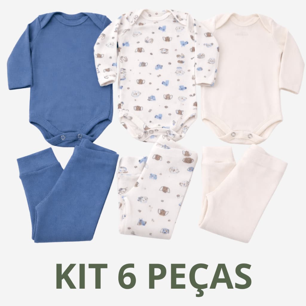 Kit Conjunto 6 Peças Body Manga Longa e Calça Bebê Canelado Macio