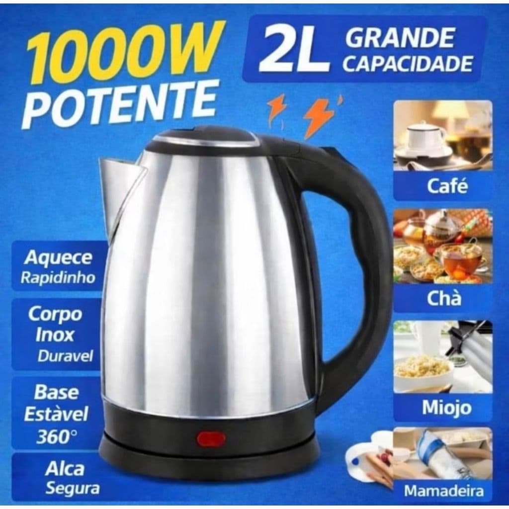 Chaleira Elétrica Inox 2L – Desligamento Automático, Aquecimento Rápido, Segura e Durável