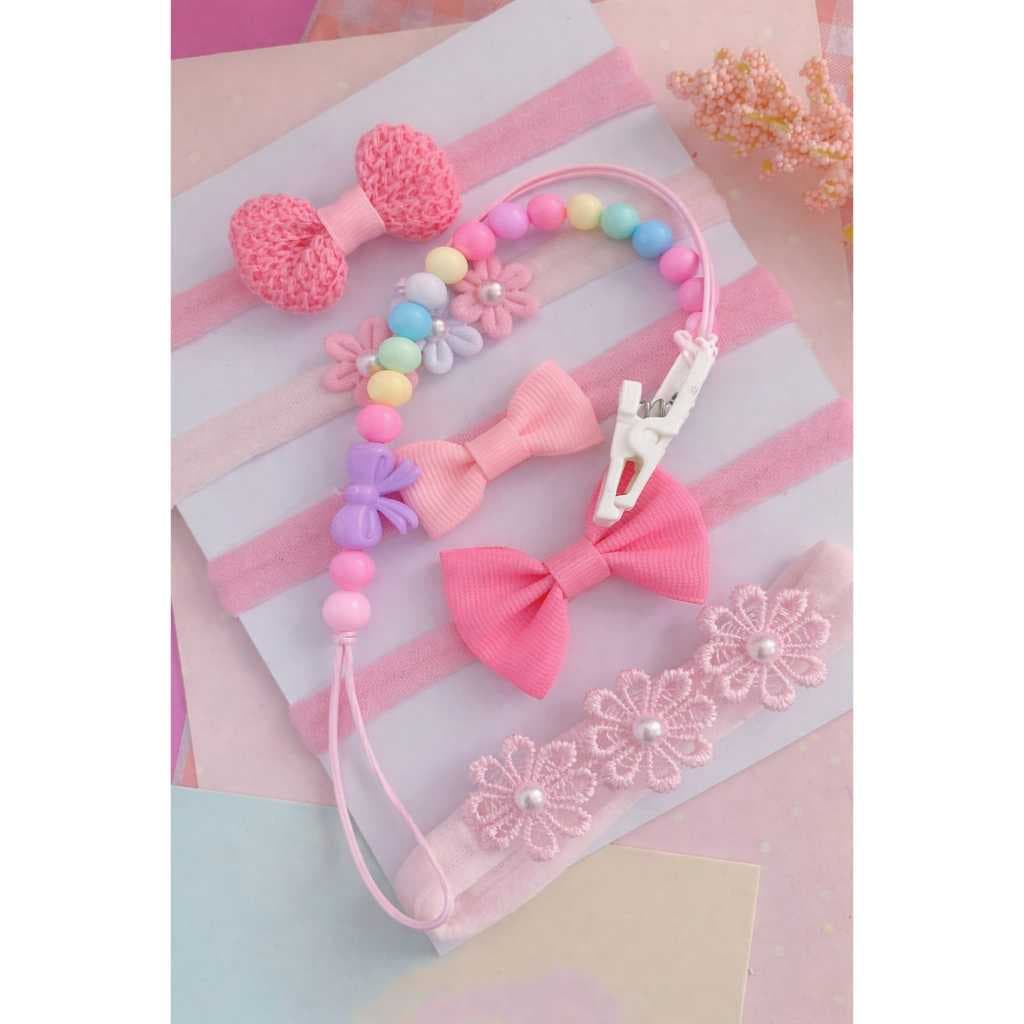 Kit Maternidade Bebês + Prendedor Chupeta Brinde 5 Faixinhas Tons Rosa Tiaras RN Laços