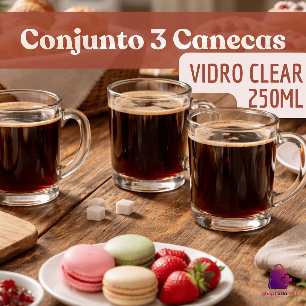 Conjunto 3 Canecas Vidro Transparente 250ml Copos Resistentes Elegantes Uso Diario Bebidas