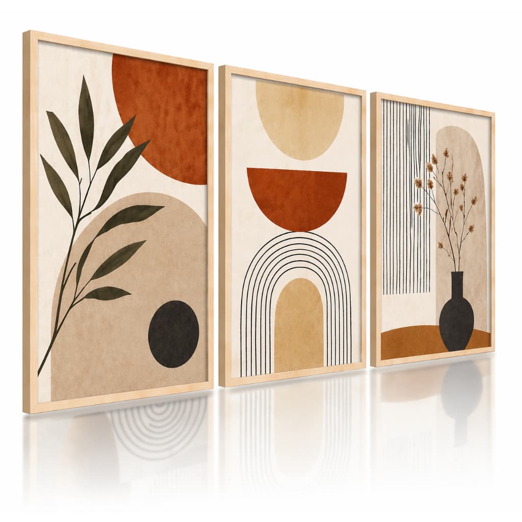 Trio de Quadros Decorativos Abstratos Minimalistas Estilo Boho Moderno Arte Geométrica Terracota