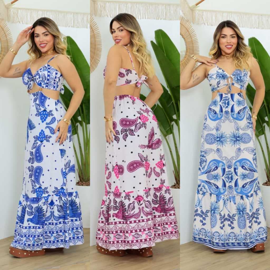 Vestido Longo Estampado feminino Alça regulável moda verão estampa exclusiva