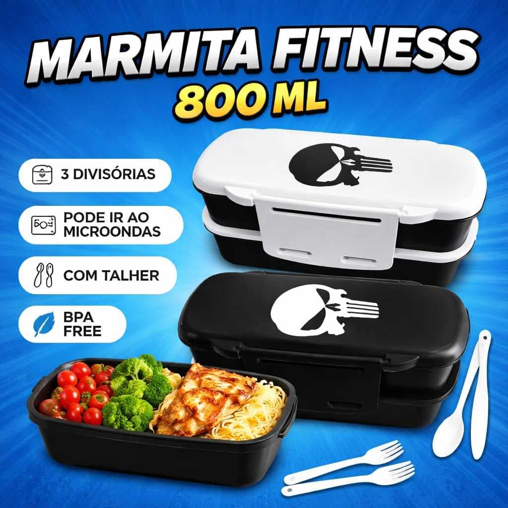 Marmita Personalizada Caveira Preta Branca Fitness Academia 2 camadas c/divisoria c/Tallher Lancheira