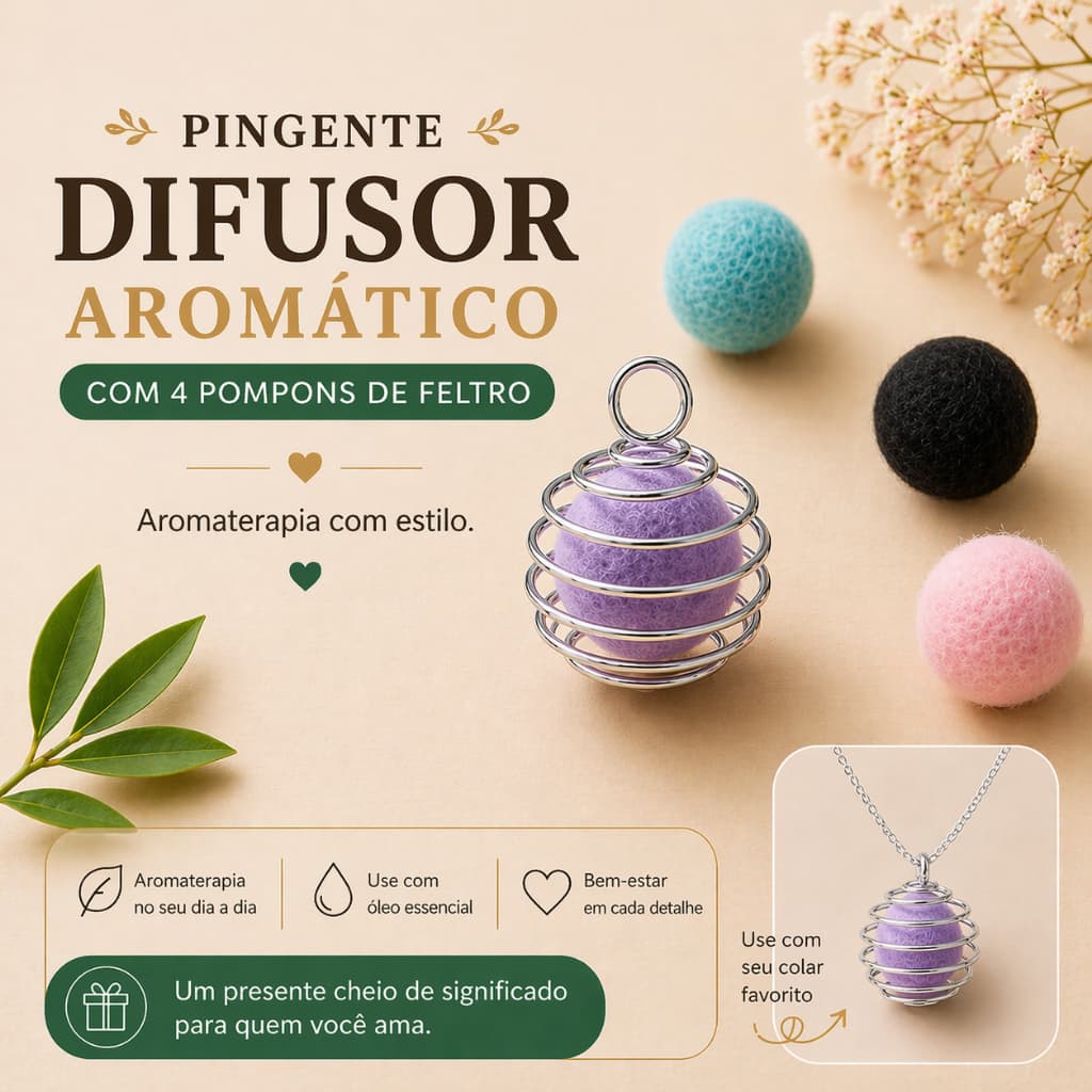 Pingente Difusor Pessoal Prateado para Colar Aromaterapia / Óleos Essenciais | Gaiola I Acompanha 4 Pompons | Lemonflora