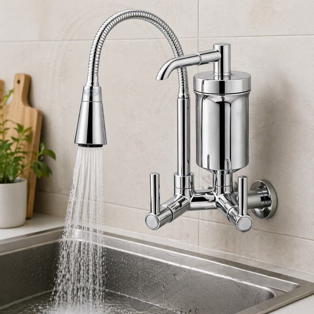 Torneira com filtro de Cozinha Gourmet Tubo Flexível 2 Jatos Água Filtrada Parede Forte Lar