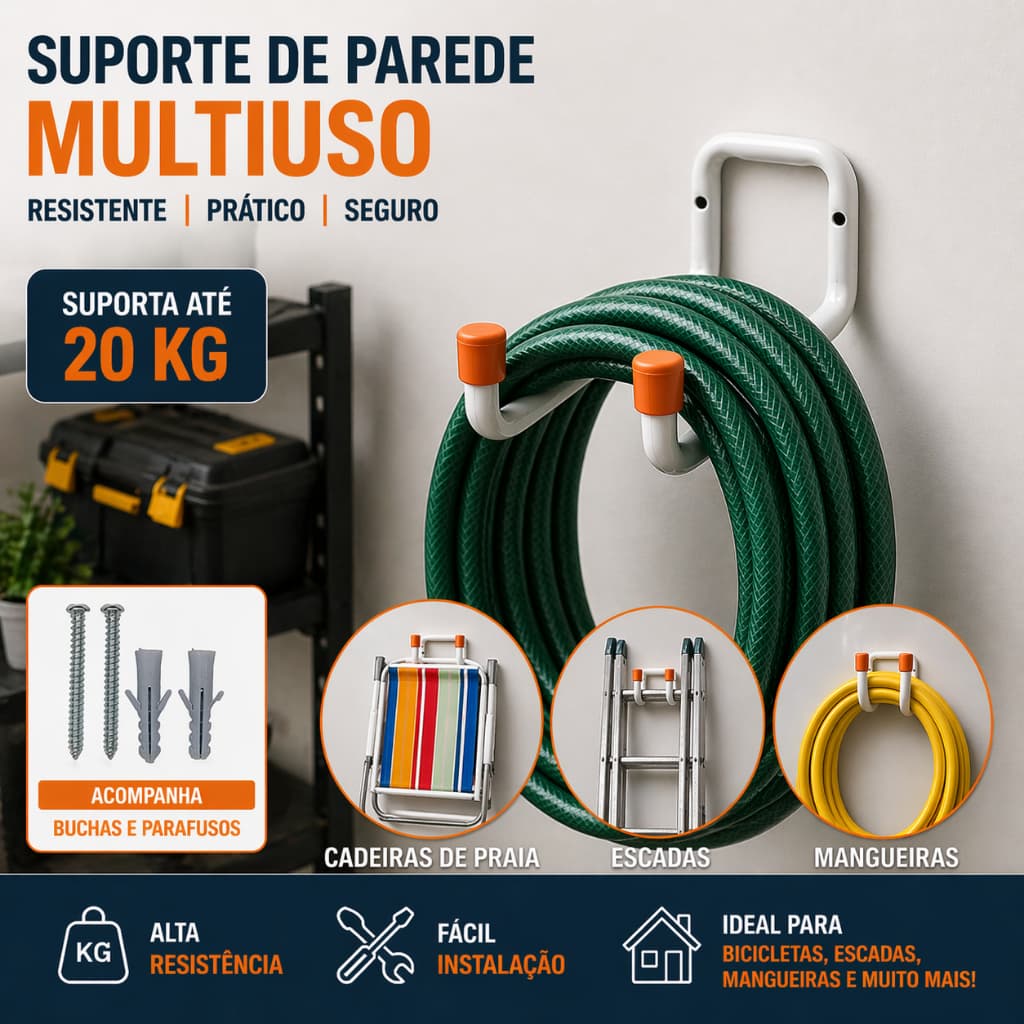 Suporte Gancho Multiuso Organizador de Parede para Pendurar Bicicleta Escada Mangueira Cadeira de Praia