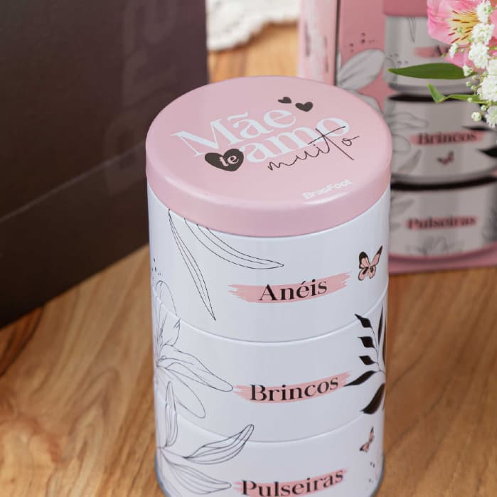 Presente Dia das Mães porta joias lata organizador bijuterias anel colar pulseira caixa joias rosa floral mãe vovó
