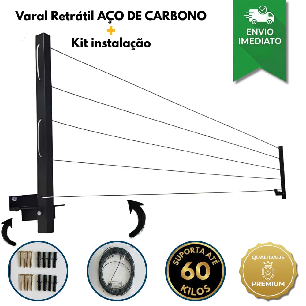 Varal Retrátil de Aço Reforçado para Parede de Apartamento Quintal Varanda Jardim (ENVIO IMEDIATO)