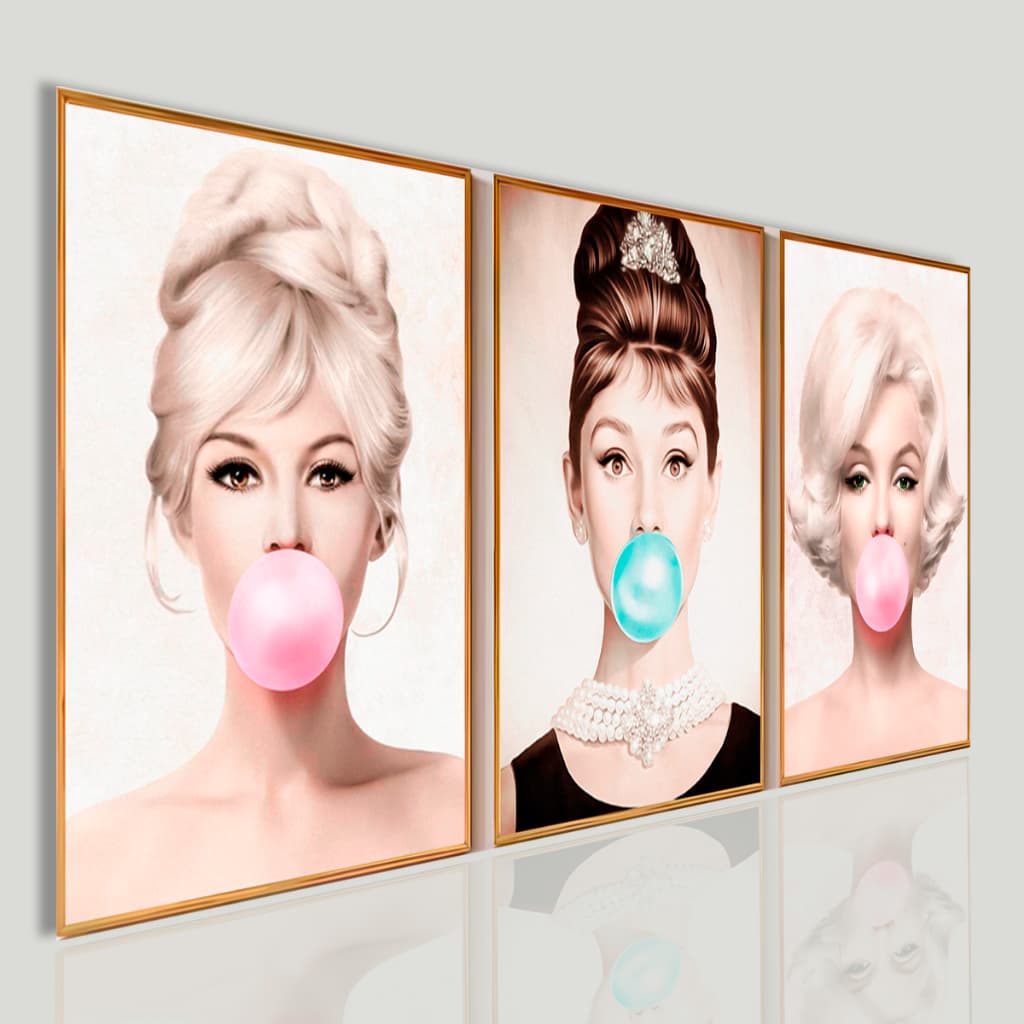 Kit 3 Quadros Decorativos Pop Art Ícones Cinema Marilyn Monroe Audrey Hepburn Bubble Gum Luxo