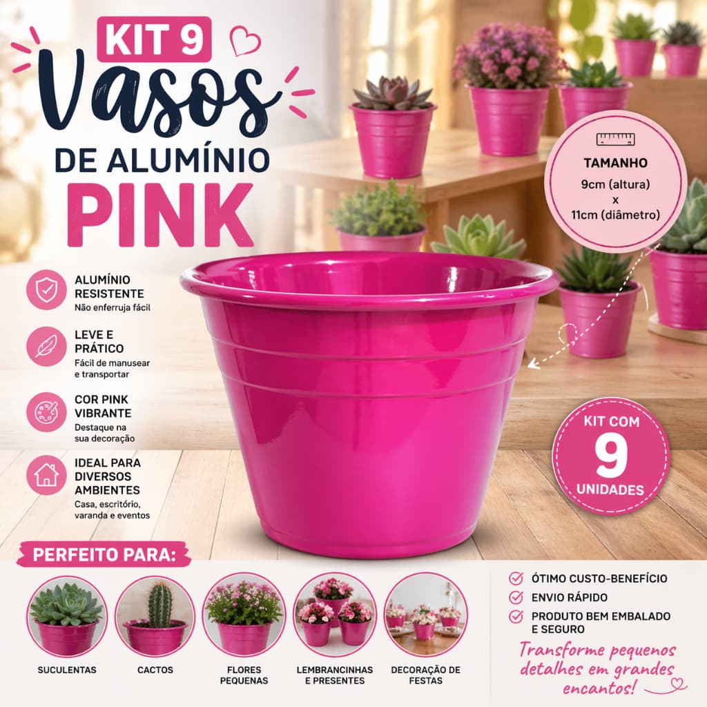 KIT 9 Vasos Alumínio Pink 9x11cm Decorativo Pequeno Plantas Suculentas Cachepô Moderno