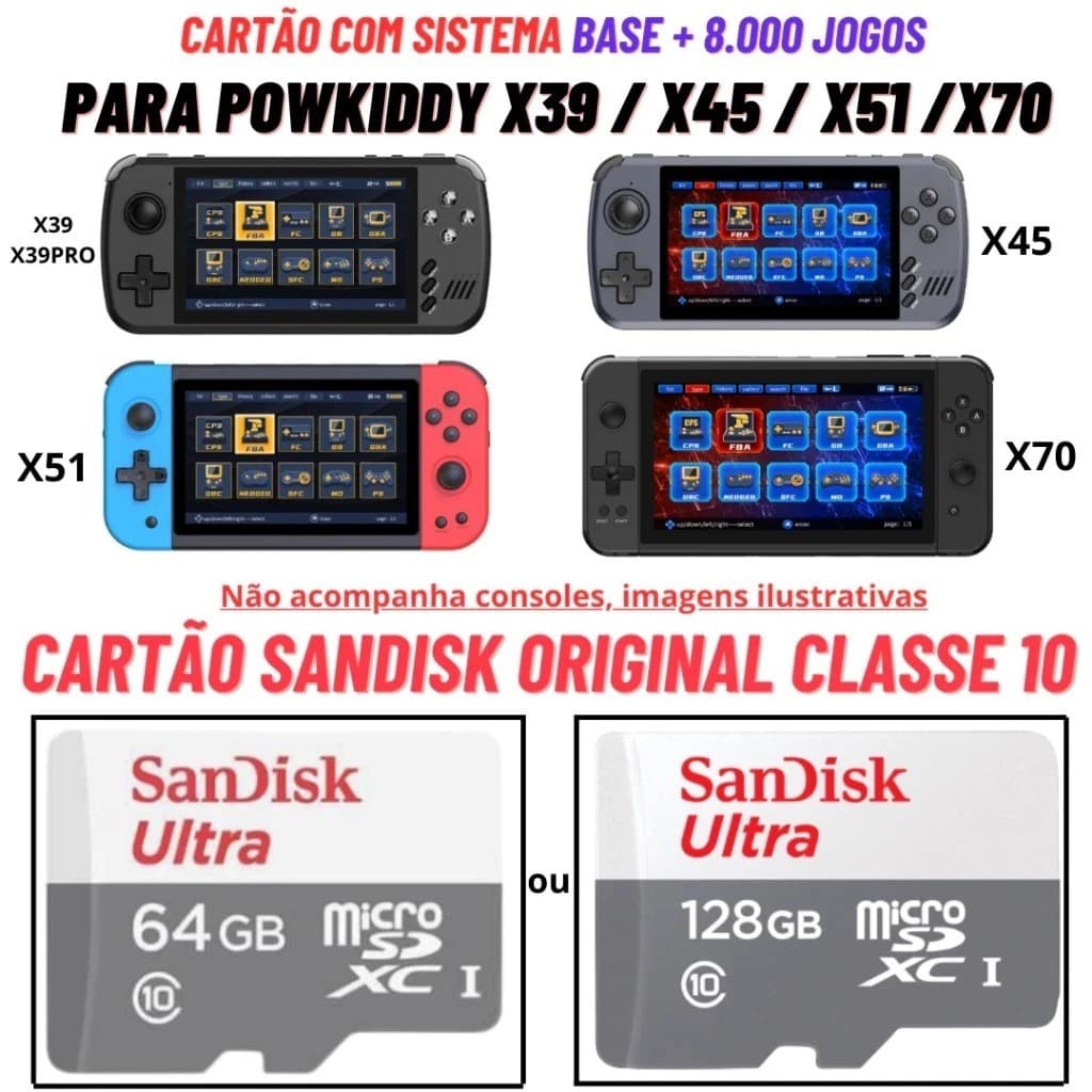 Cartão Sandisk Original para Powkiddy X39 X39 PRO X45 X51 X70 Com Jogos em Portugues Cartão Sandisk Original Classe 10