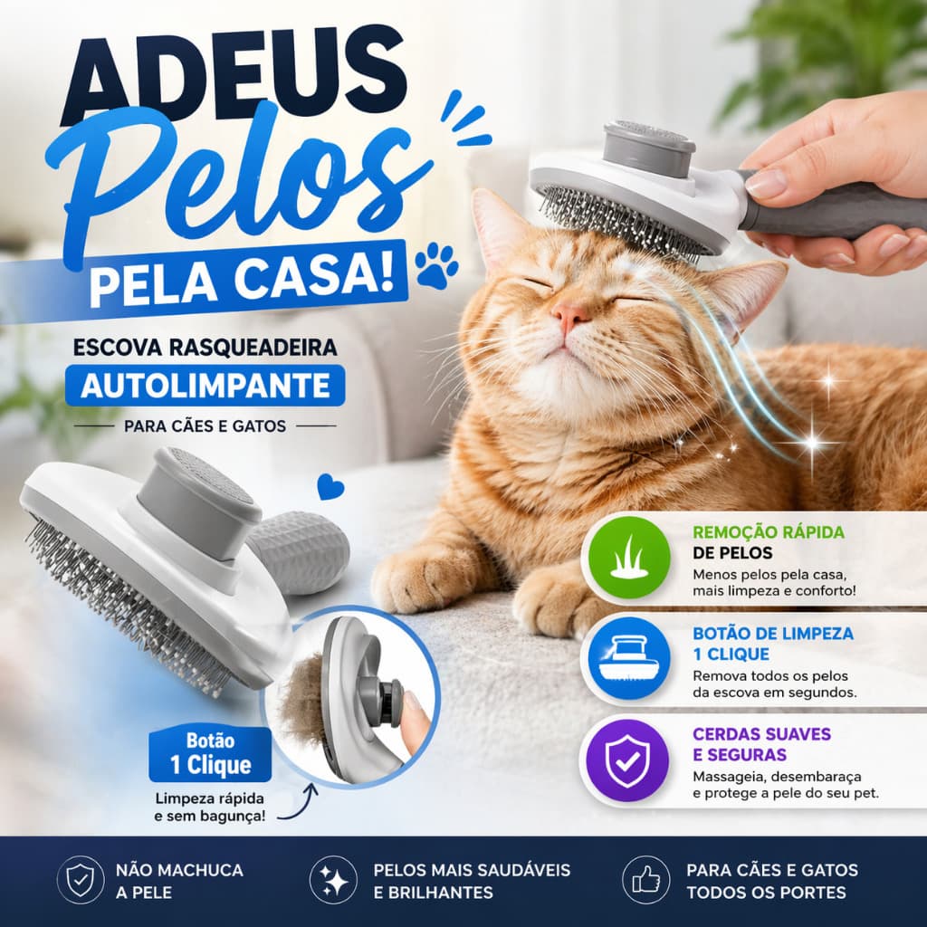 Escova Rasqueadeira Pet Tira Pelos Cães Gatos Autolimpante Removedor de Pelos Profissional