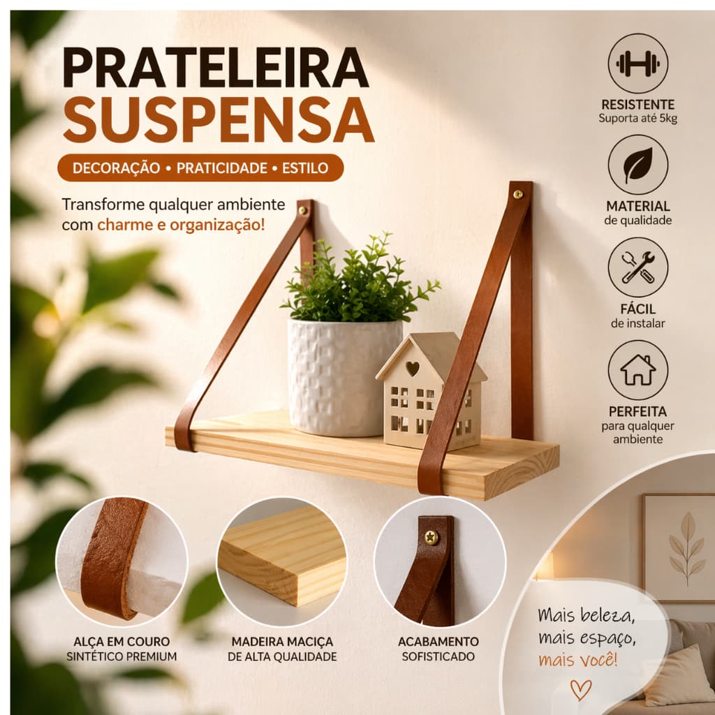 Prateleira Suspensa Com Alça de Couro Estante Decorativa