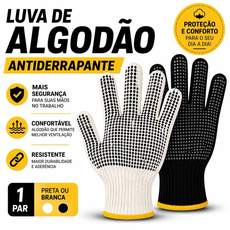 Luva de Algodão Pigmentada Antiderrapante EPI – Branca ou Preta | Serviços Gerais