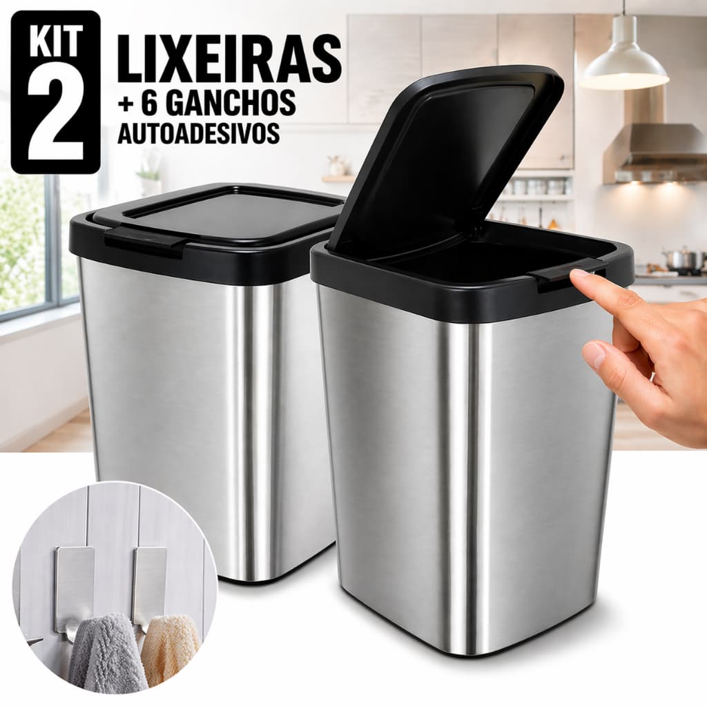 Kit 2 Lixeira Cesto Cozinha Banheiro 9l Inox Tampa Click Plástico Cesto Escritório Com Tampa + Brinde